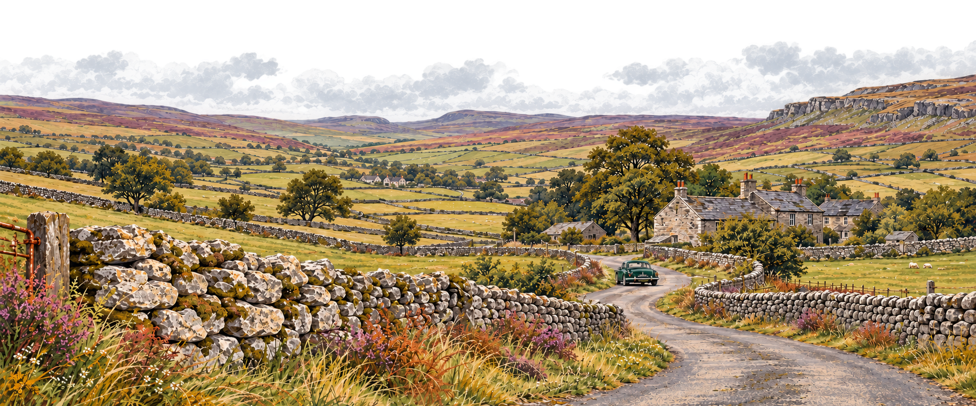 An illustrated winding lane between dry-stone walls, stone cottages and northern moorland, with a small green touring car.